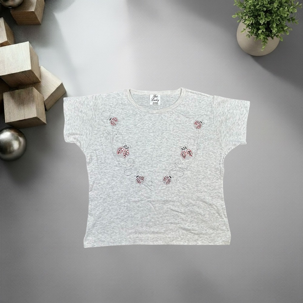 Vintage 90s Get Lucky Heather Grey Rhinestone Ladybug T-Shirt XL Boxy Fit